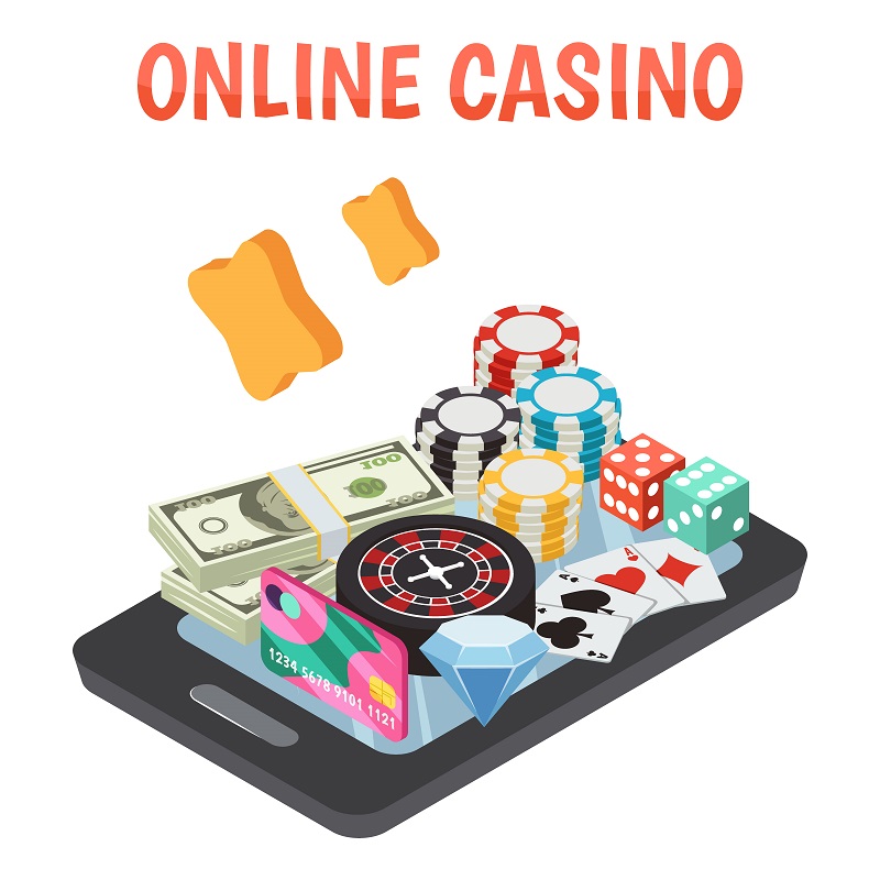 Cards, dice, chips, roulette and bills placed on a smartphone with red Online Casino label above.